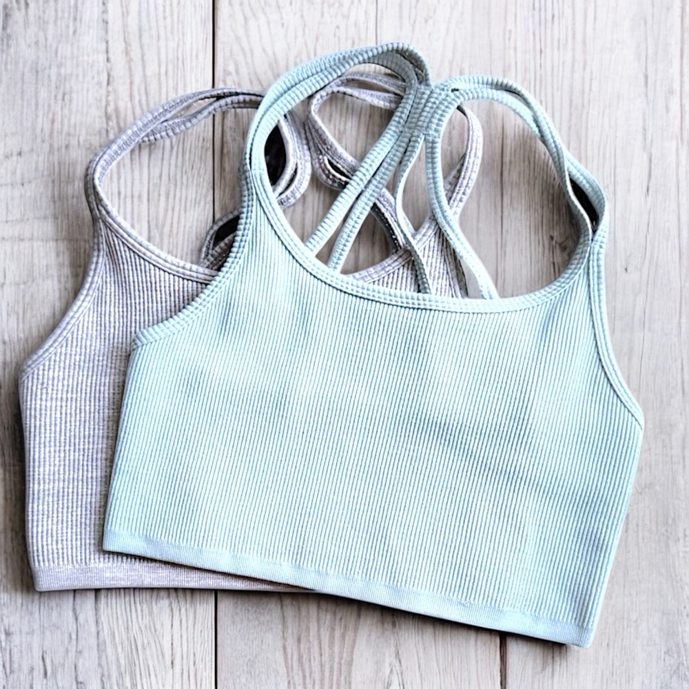Forever 21 2pc Lot, Ribbed Cropped Fitted Tanks, Size M, PastelBlue & Light Gray